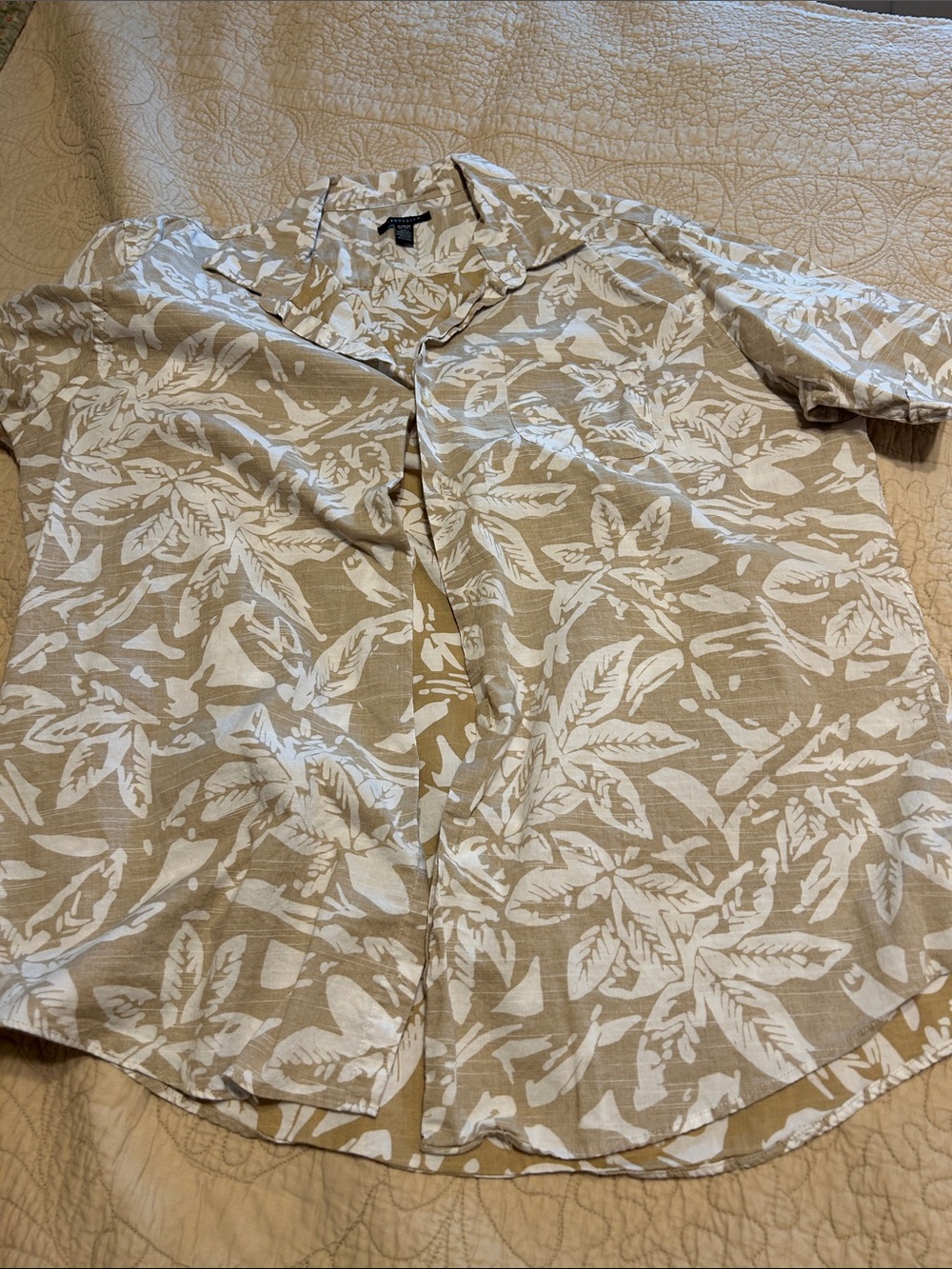 Van Heusen Beige and White Leaf-Print Short Sleeve Button-Down